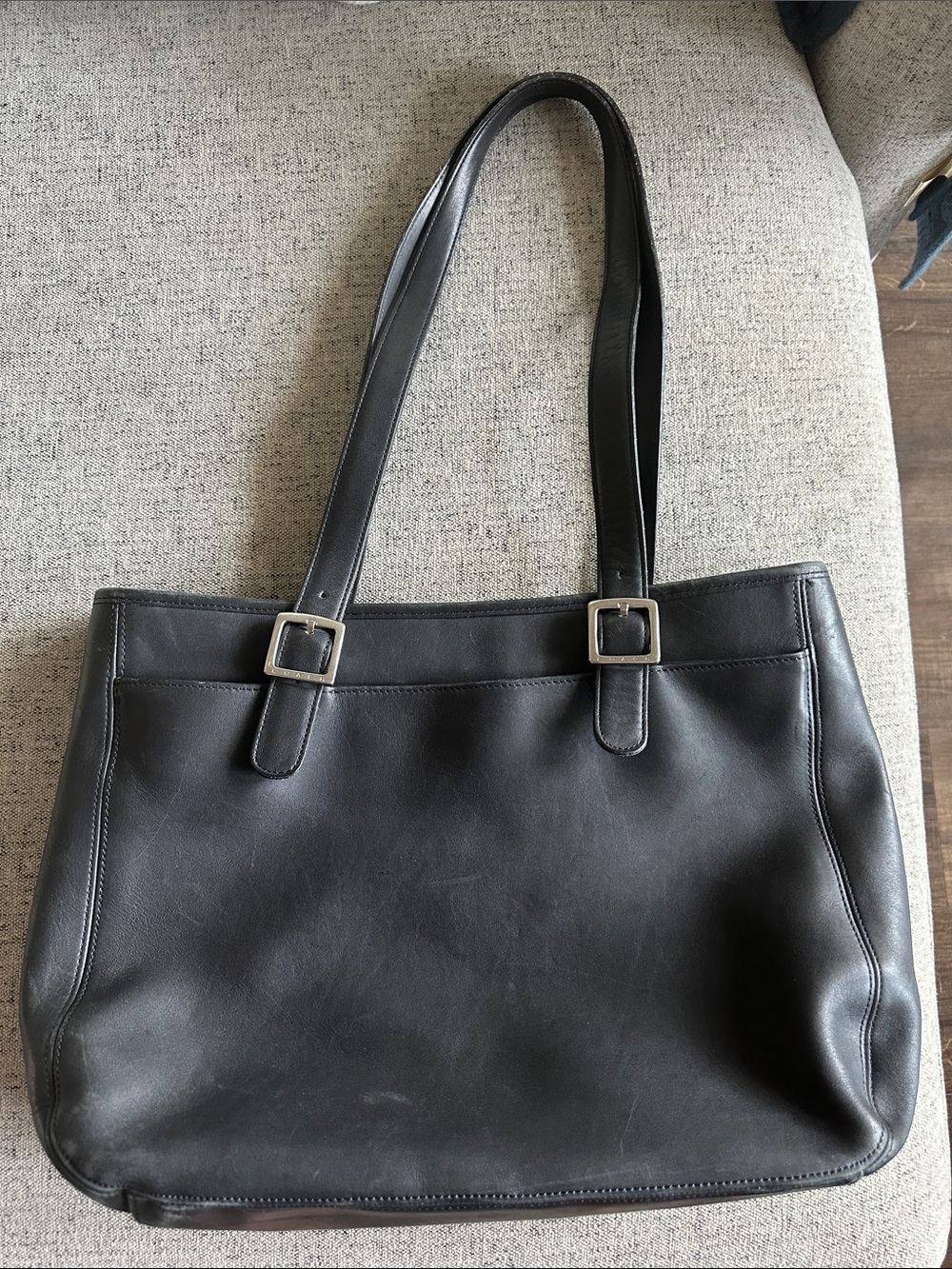 Coach Black Leather Tote with Silver Buckle Accents